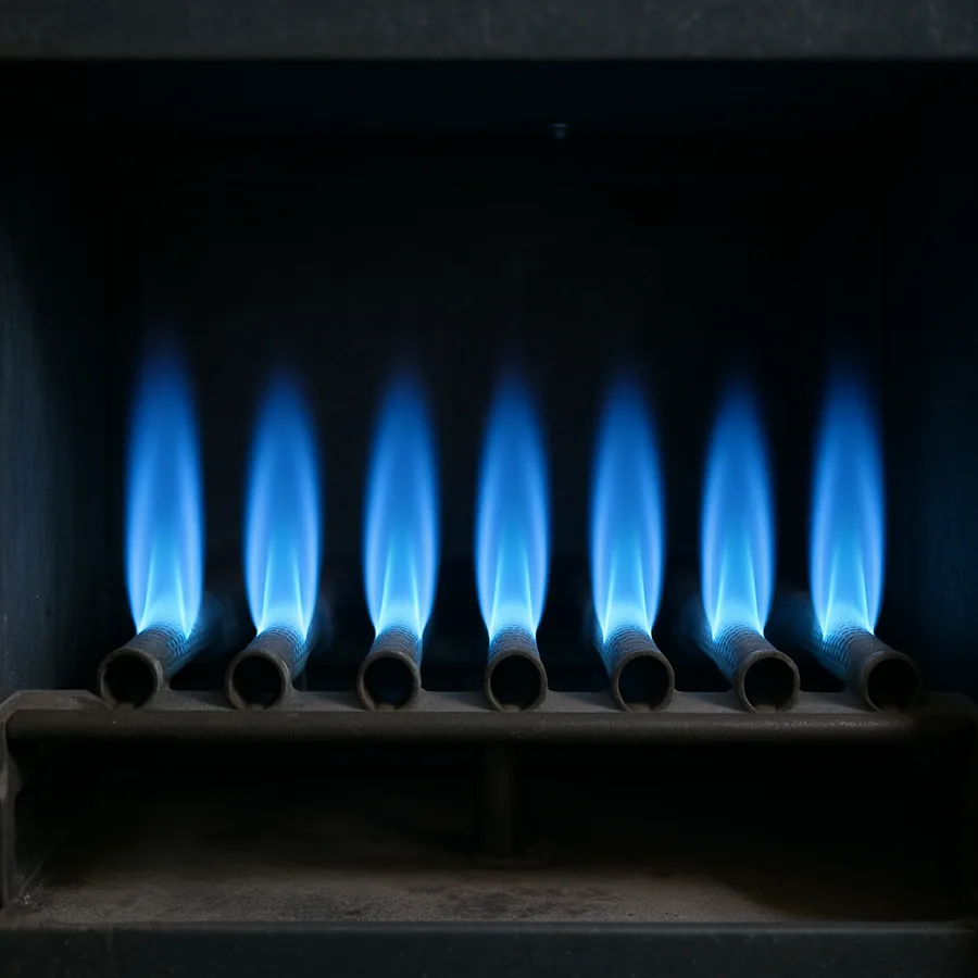 Row of steady blue gas burner flames inside the open combustion chamber of a residential furnace