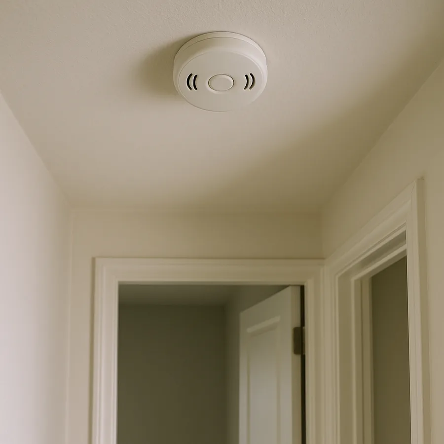 Plain white round carbon monoxide alarm mounted on a hallway ceiling outside a bedroom door