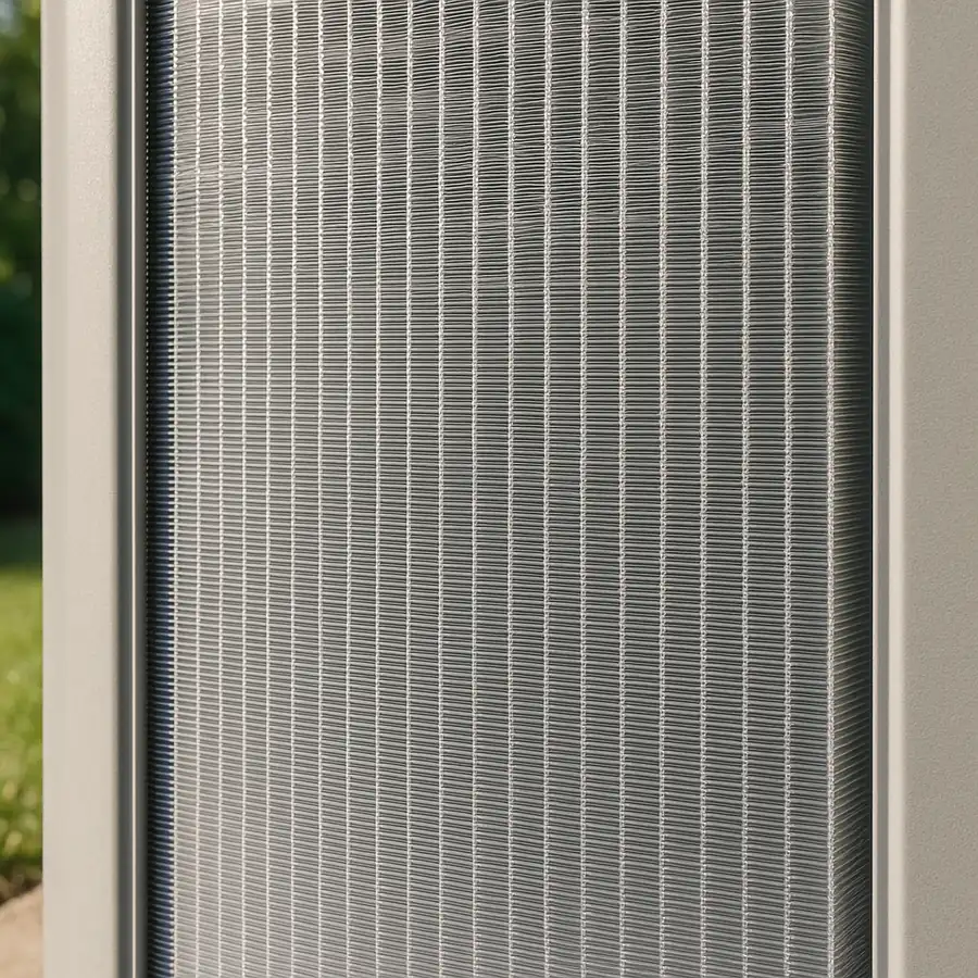 Close-up of clean bright aluminium condenser coil fins on an outdoor unit in summer daylight