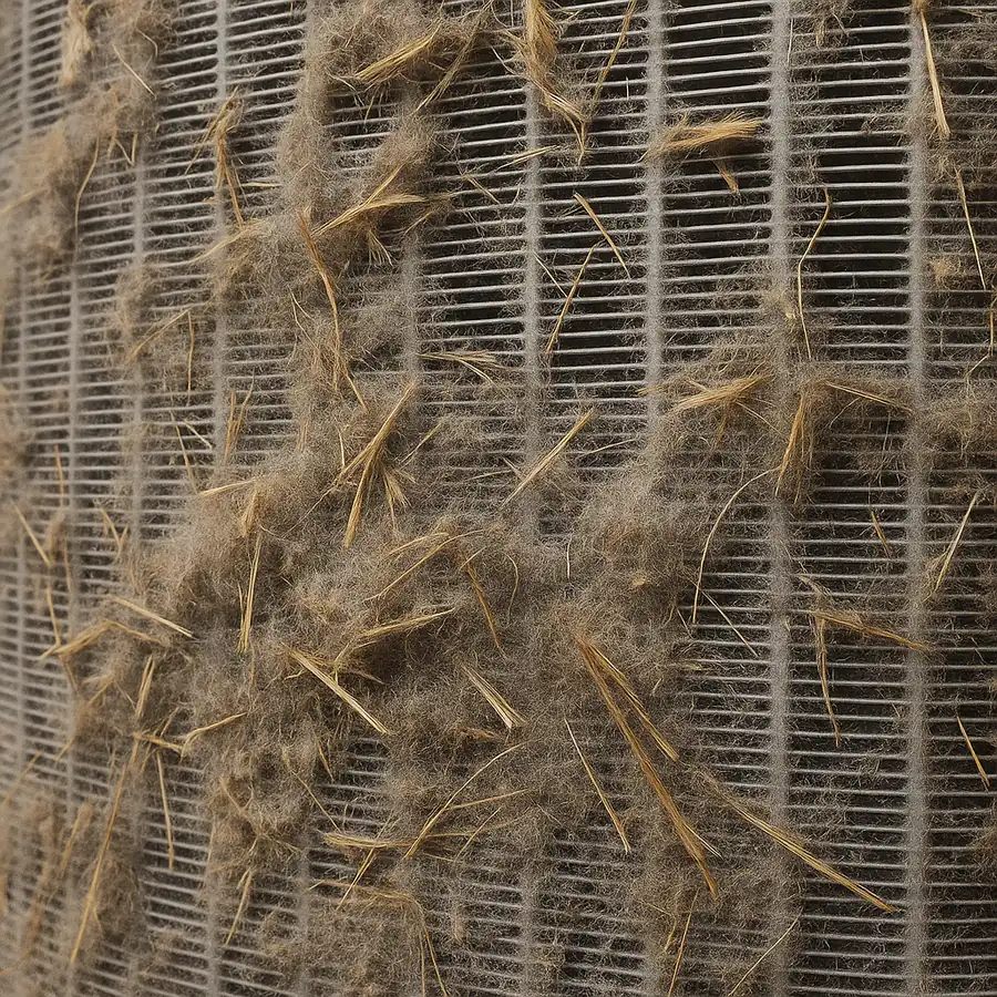 Close-up of outdoor condenser coil fins packed solid with grass clippings, cottonwood fluff and grey dust