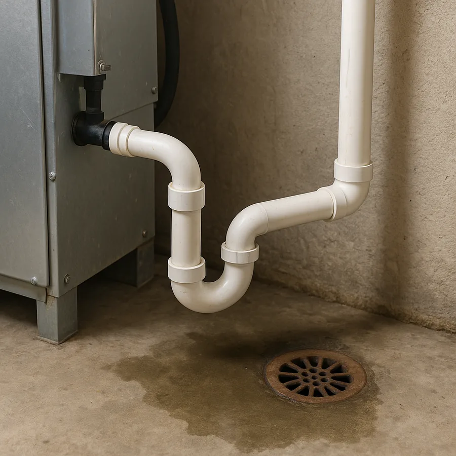 White PVC condensate drain line with a p-trap running from an indoor air handler to a floor drain on damp basement concrete