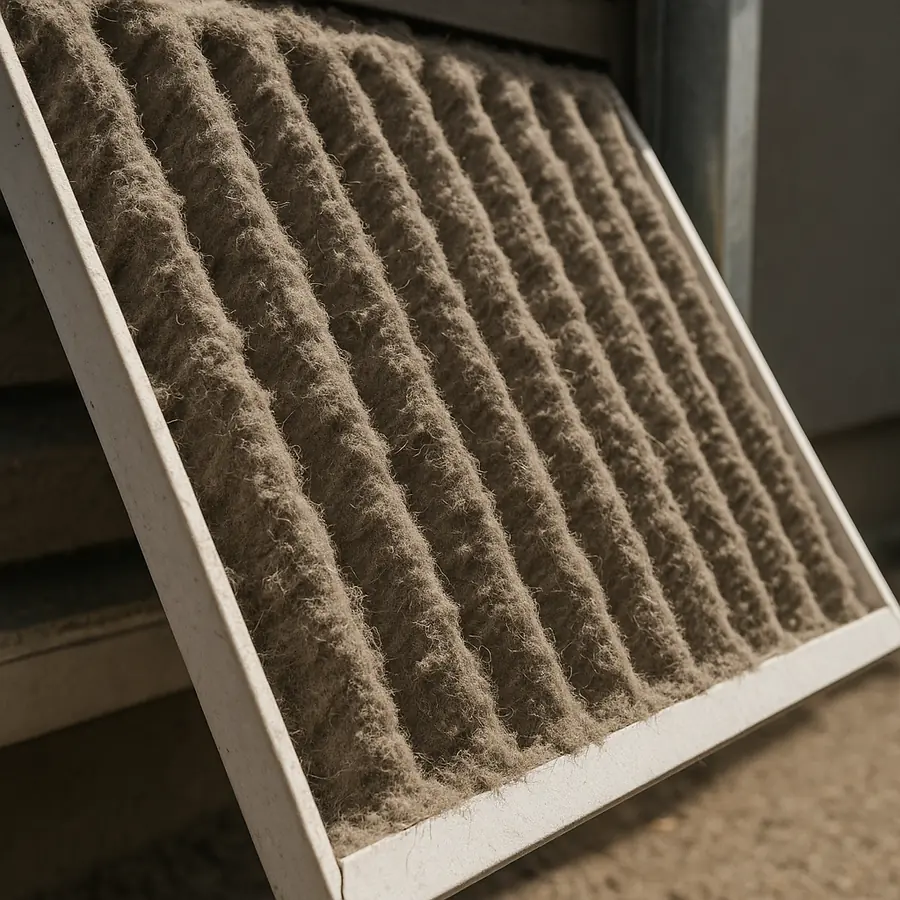 Pleated air filter caked with a thick layer of grey dust and lint, half pulled out of its slot