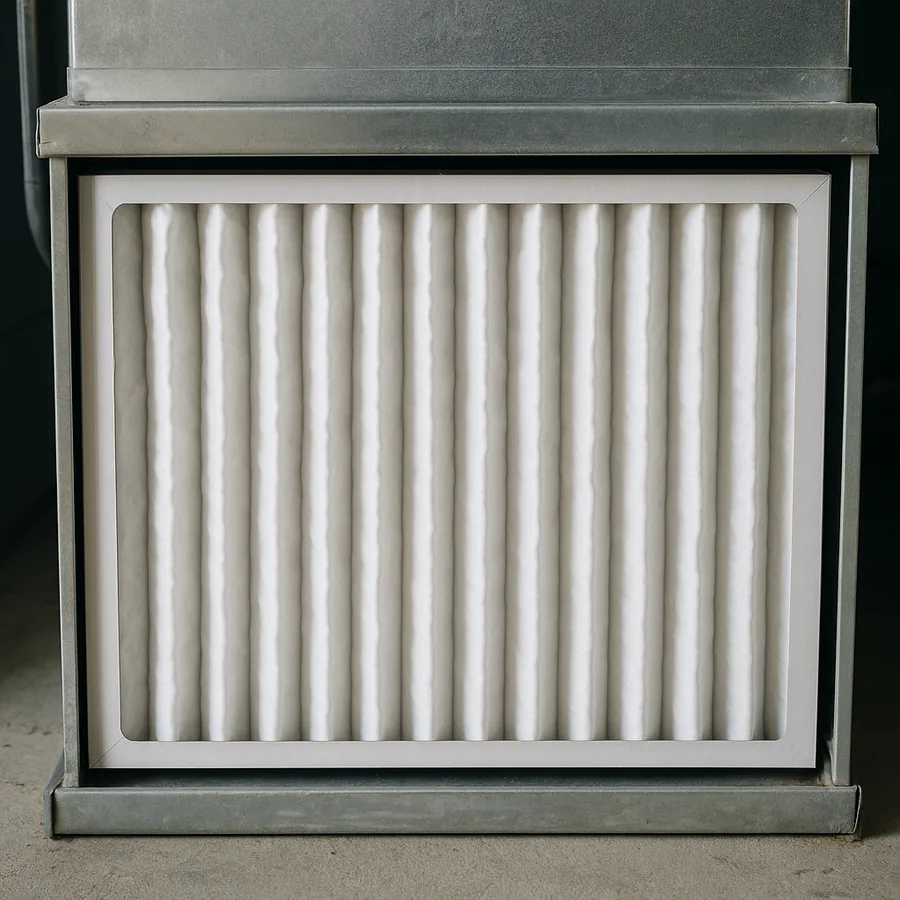 Clean white pleated air filter seated squarely in a metal filter slot below an air handler