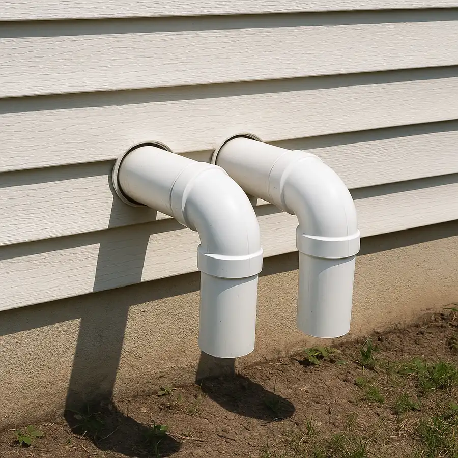 Pair of white PVC furnace flue and intake pipes terminating through the exterior wall of a house above ground level