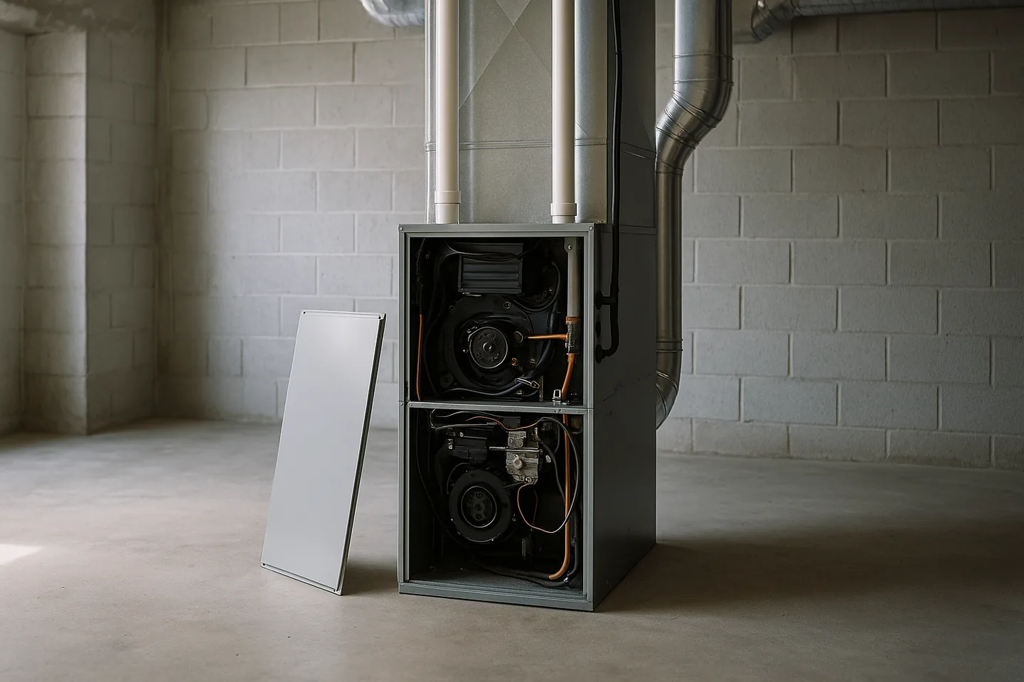 Residential furnace standing in a basement with its front access panel removed
              and leaning against the wall, internal components and wiring visible