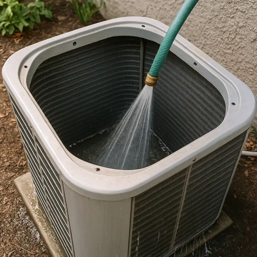 Looking down into an outdoor condenser with the top grille removed and a garden hose spraying water downward through the coil from inside