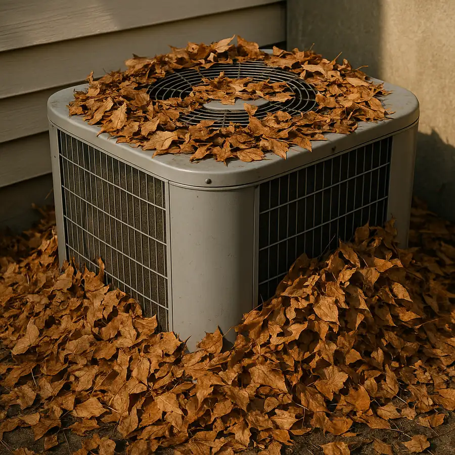 Outdoor condenser unit with autumn leaves piled against its sides and covering the top grille