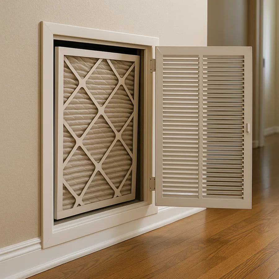 Hinged return air grille in a hallway wall swung open on its hinge with a pleated filter visible in the slot behind it