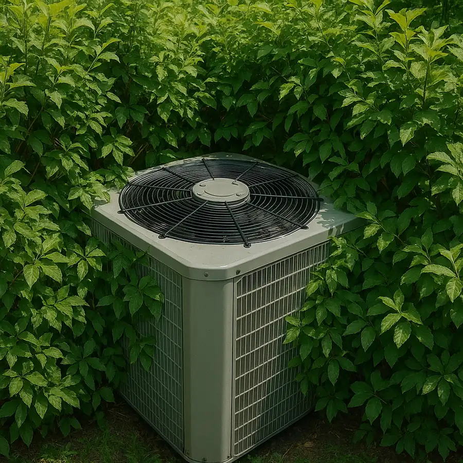 Outdoor air conditioning condenser hemmed in on all sides by overgrown green shrubs pressing against its panels