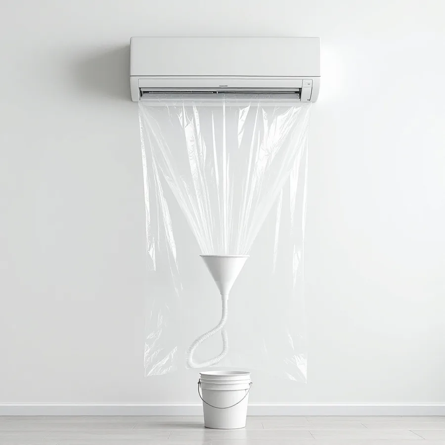 A white wall mounted indoor unit with a clear plastic sheet hung beneath it, gathered into a funnel and hose that lead to a white bucket on the floor