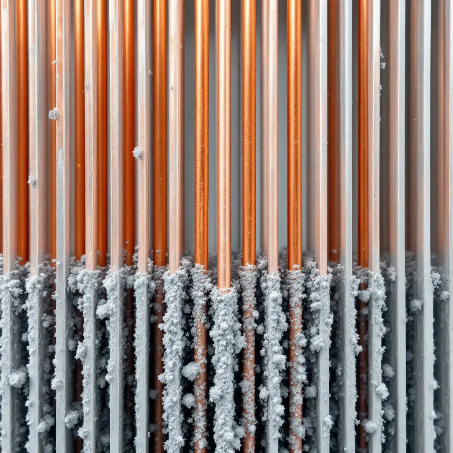 Extreme close-up of thin vertical metal fins with copper tubes between them, the lower half packed with grey dust and lint
