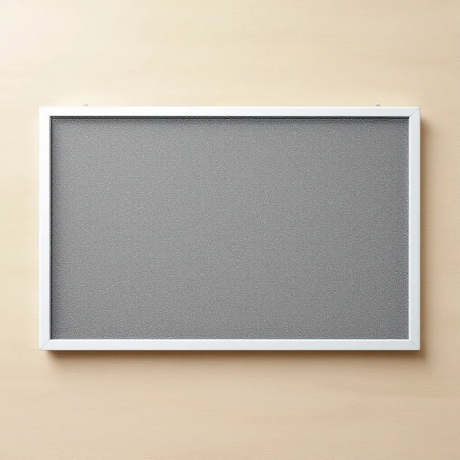 A rectangular mesh filter panel in a slim white frame, the mesh evenly grey with dust