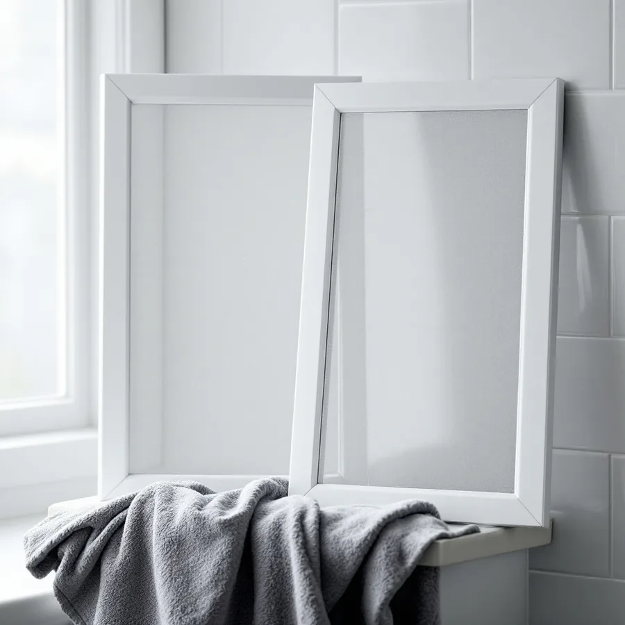 Two clean white framed mesh panels standing upright on a tiled ledge beside a window with a grey towel
