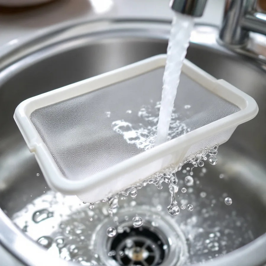 A white framed mesh filter held under a running kitchen tap, water passing through the mesh