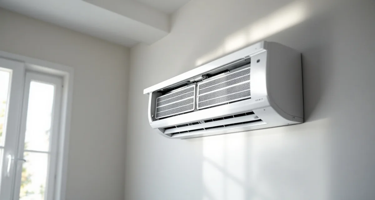 A white wall mounted mini split indoor unit with its front panel lifted open, two rectangular mesh filter panels visible inside, on a pale wall beside a window