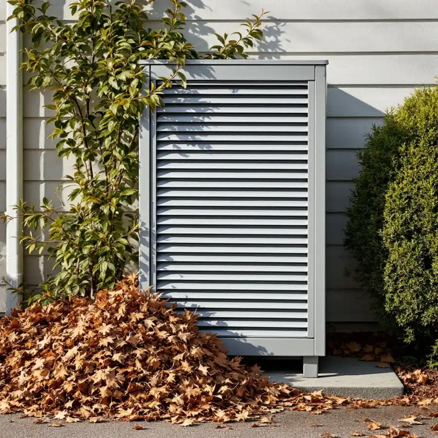 A grey metal louvred cabinet beside a house wall with a drift of brown autumn leaves piled against its lower slats and shrubs growing close on both sides