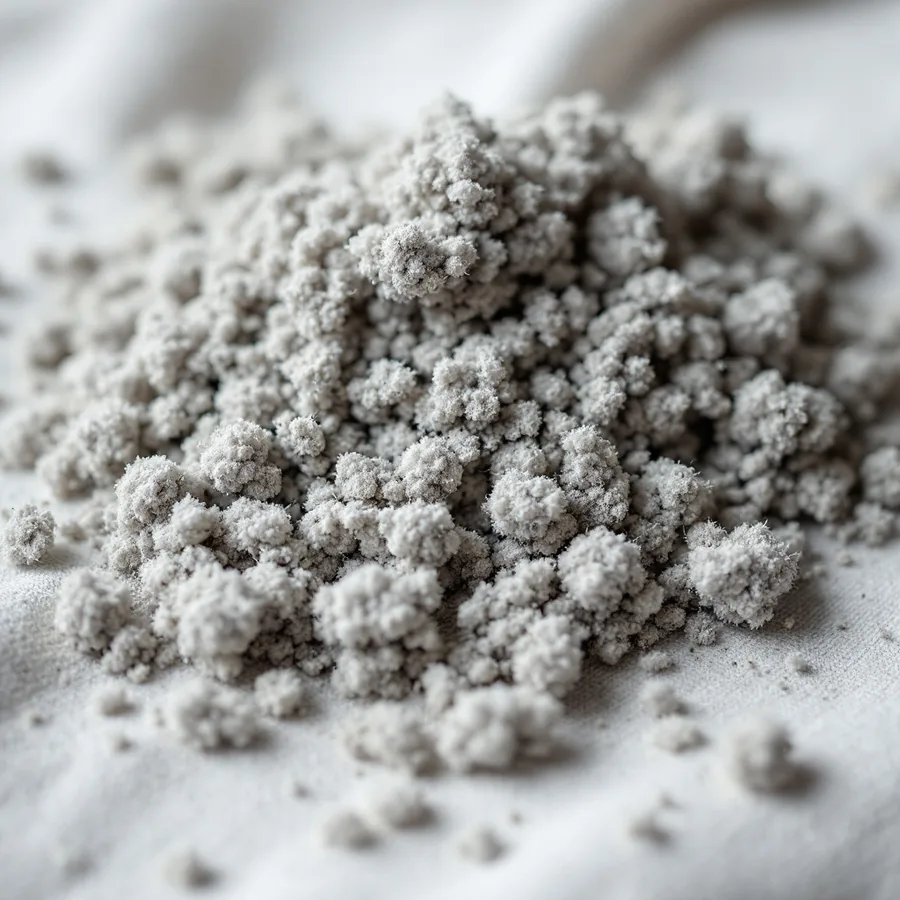 A soft heap of grey household dust and lint lying on a white cloth