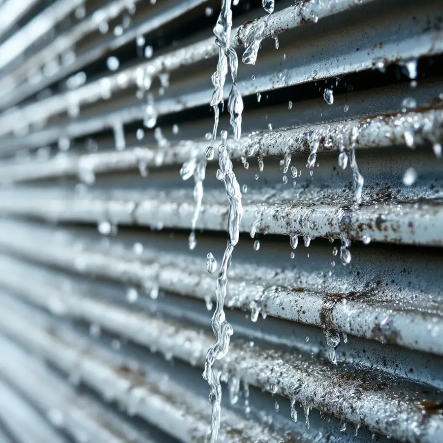 Close-up of water running down grimy grey metal louvre slats outdoors, droplets and thin streams washing dirt from them