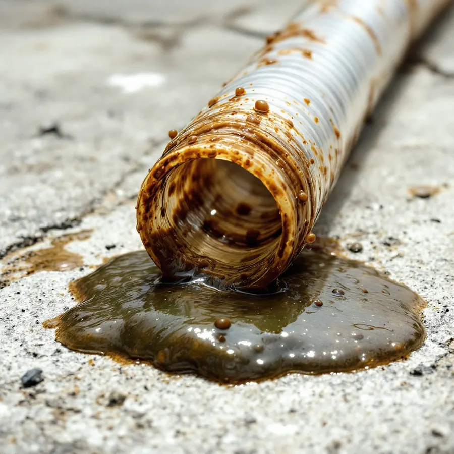 The open end of a ribbed drain tube lying on concrete, coated with brown sludge, a pool of the same sludge beneath it