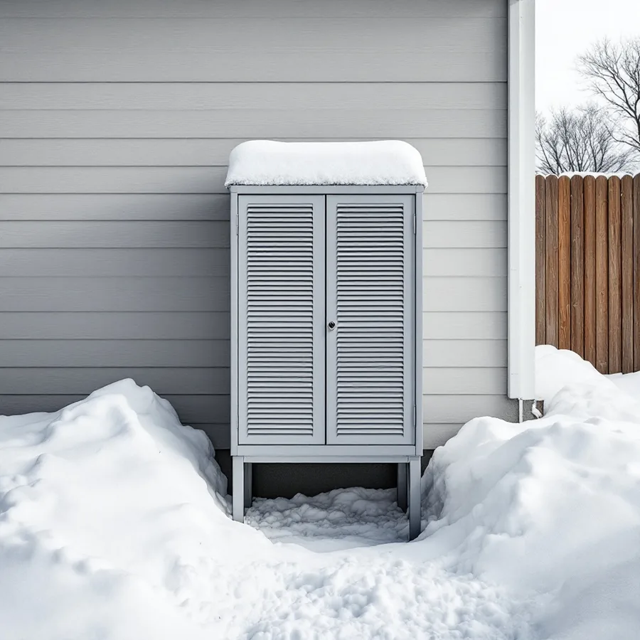 A grey louvred cabinet raised on legs beside a house wall in winter, deep snow all around with a space dug clear in front of and beneath it