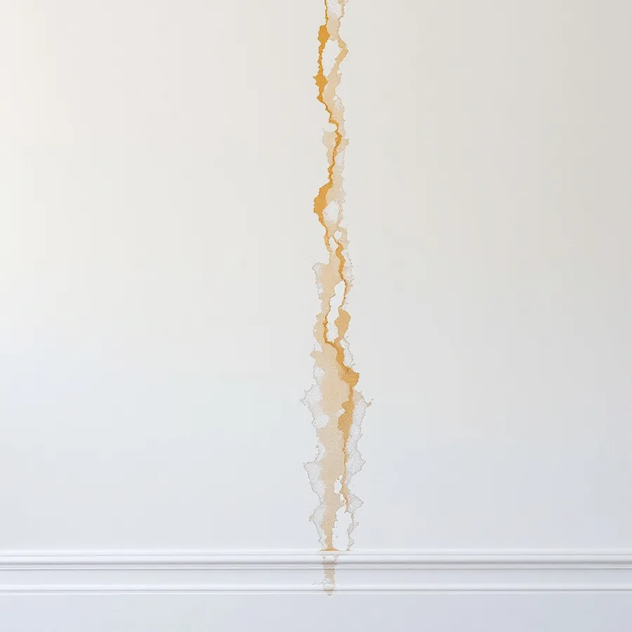 A pale painted wall with a narrow brown water stain running down it to the skirting board, the paint peeling along the stain