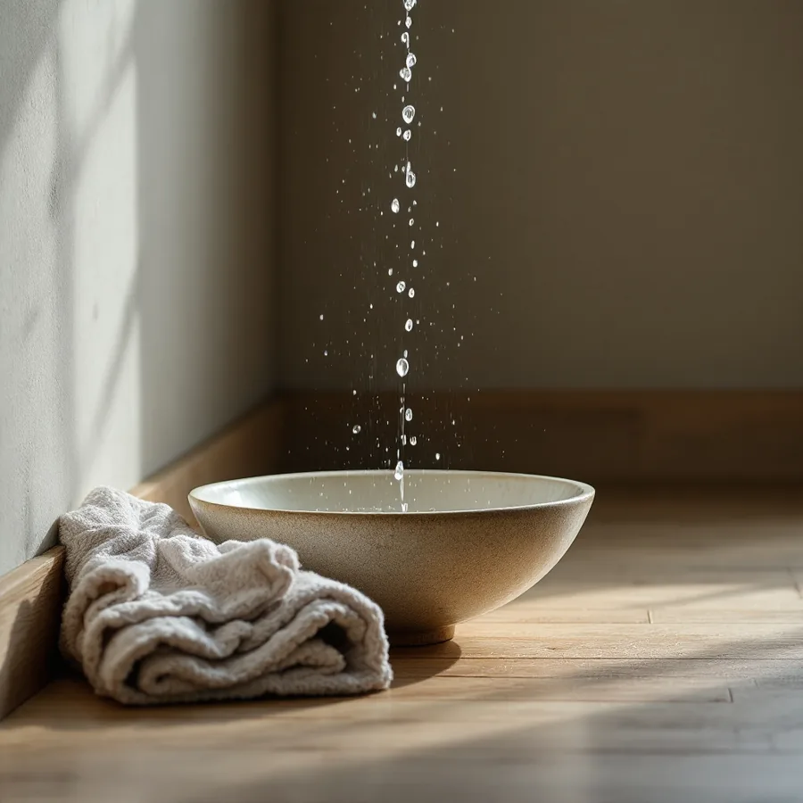 A ceramic bowl on a wooden floor beside a crumpled towel, drops of water falling into the bowl from above