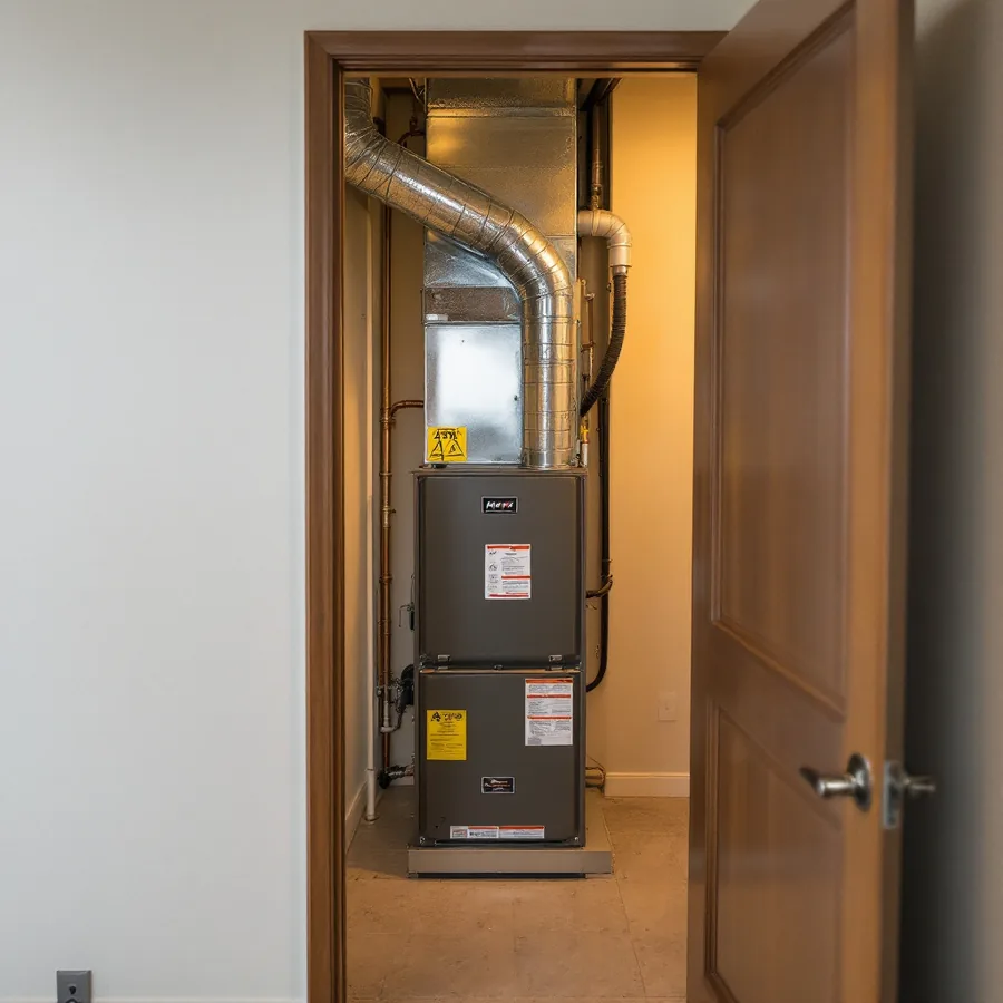 Furnace installed in a narrow interior closet with almost no clearance around it and the closet door open