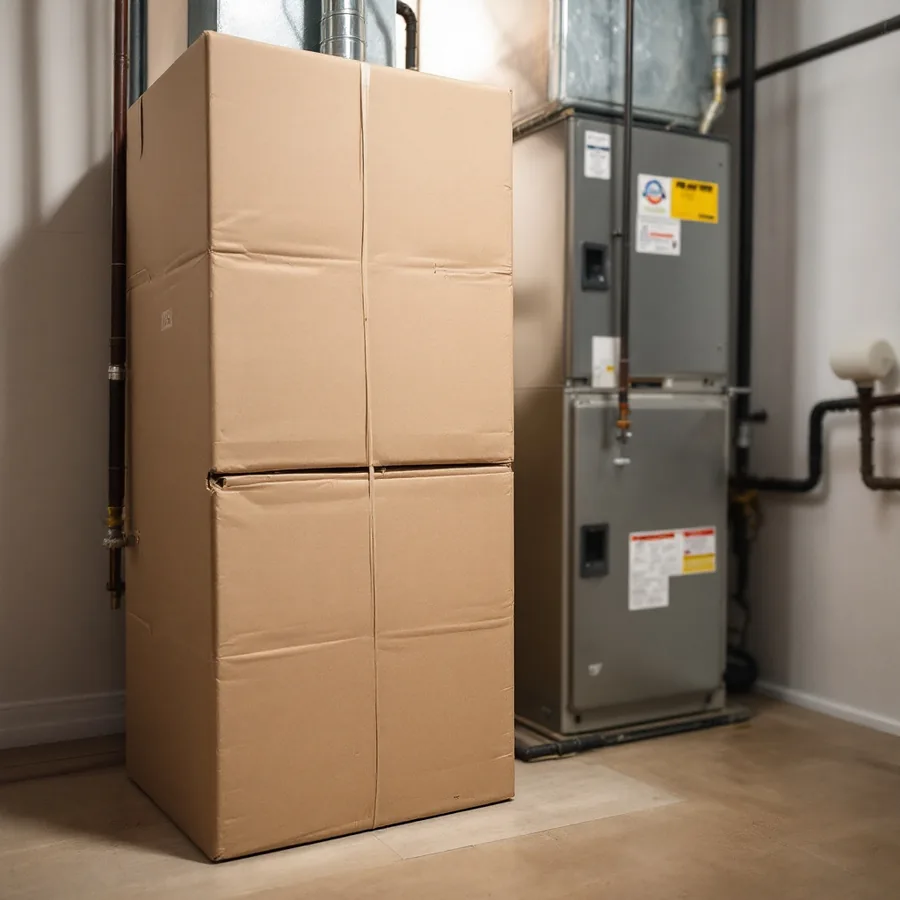 New furnace still in cardboard packaging standing on a basement floor beside the older unit it will replace