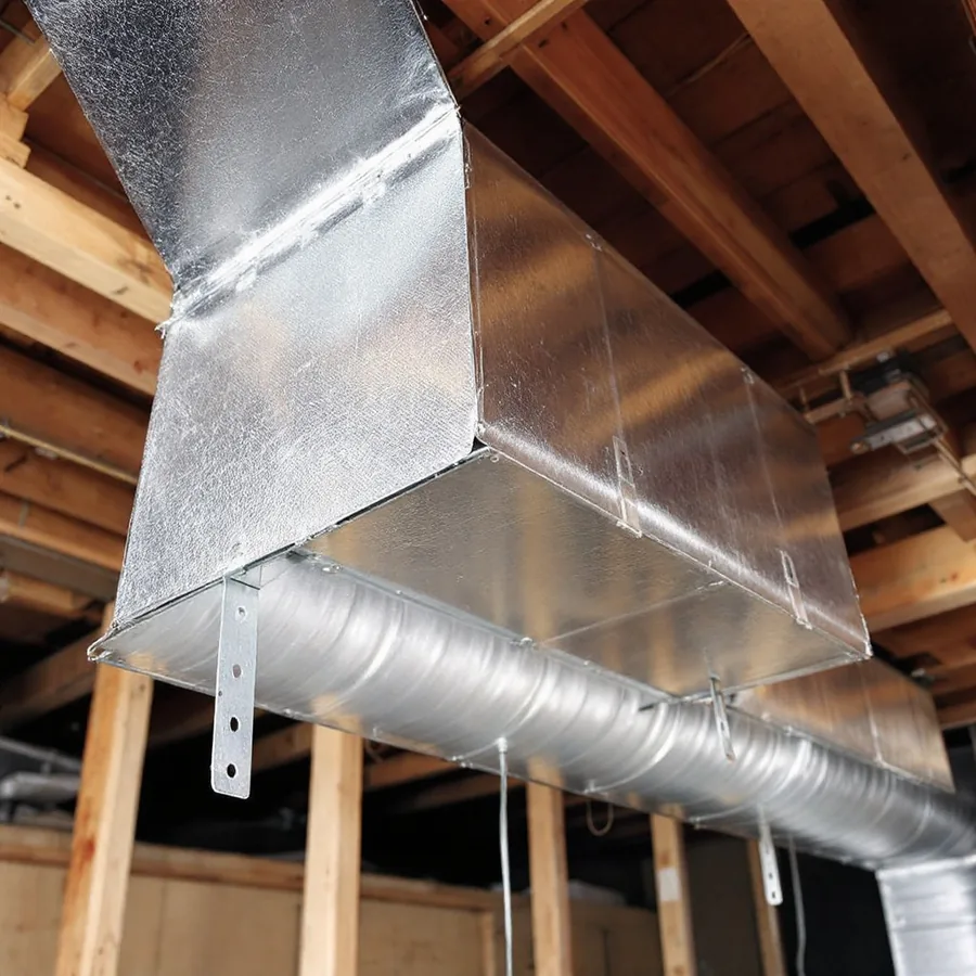 New rectangular sheet metal duct trunk running along a basement ceiling between joists with round branch takeoffs