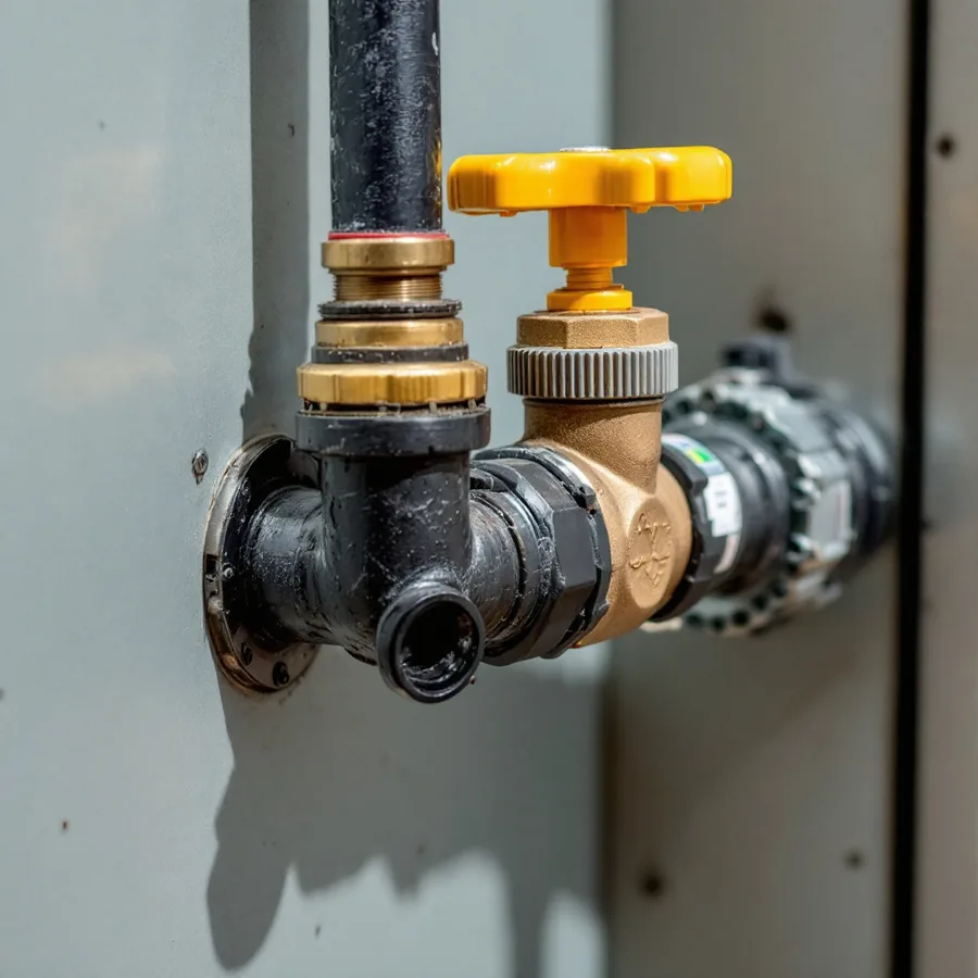 Black iron gas pipe with a yellow-handled shutoff valve and flexible connector entering the side of a furnace cabinet