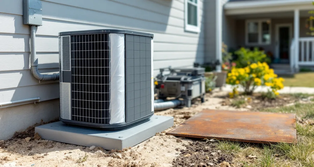 New residential condenser unit on a fresh concrete pad beside a house, protective
              film still on part of the cabinet, the old pad and disturbed ground next to it