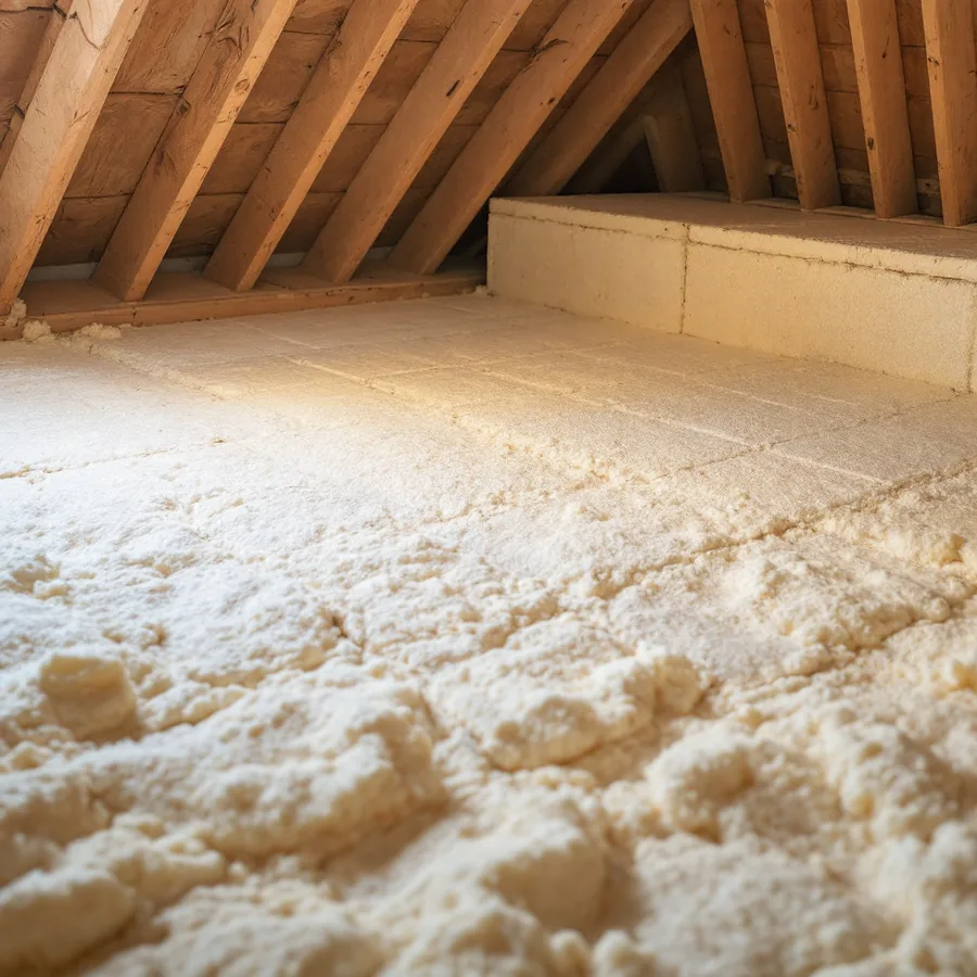 Attic floor with fresh pale insulation laid between joists, part of the area still bare showing the joists