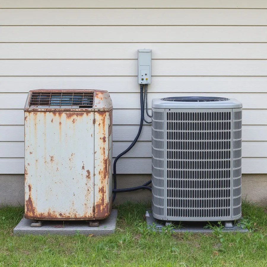 Rusted old outdoor air conditioning unit standing beside a clean new one on the same patch of ground next to a house wall
