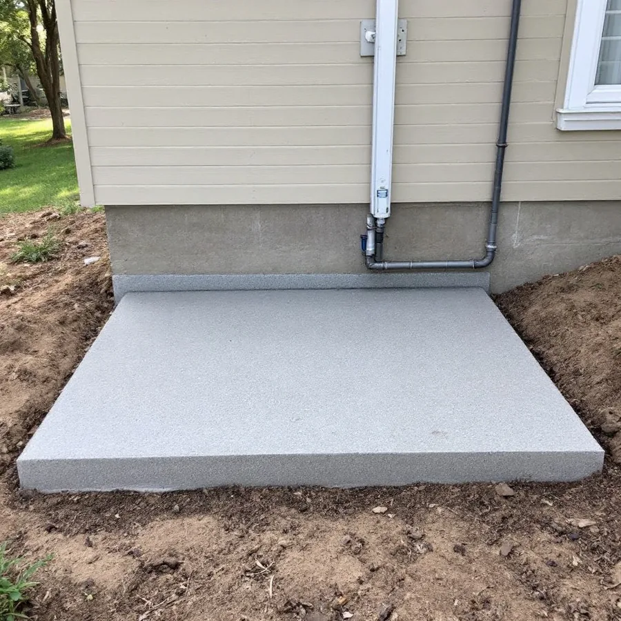 Freshly poured level concrete equipment pad beside a house wall with electrical conduit rising from it and no unit installed yet