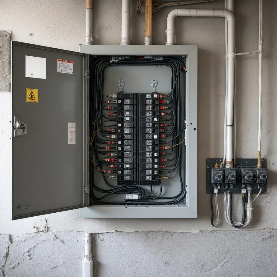 Open residential electrical breaker panel on a basement wall with rows of breakers and neatly run cables
