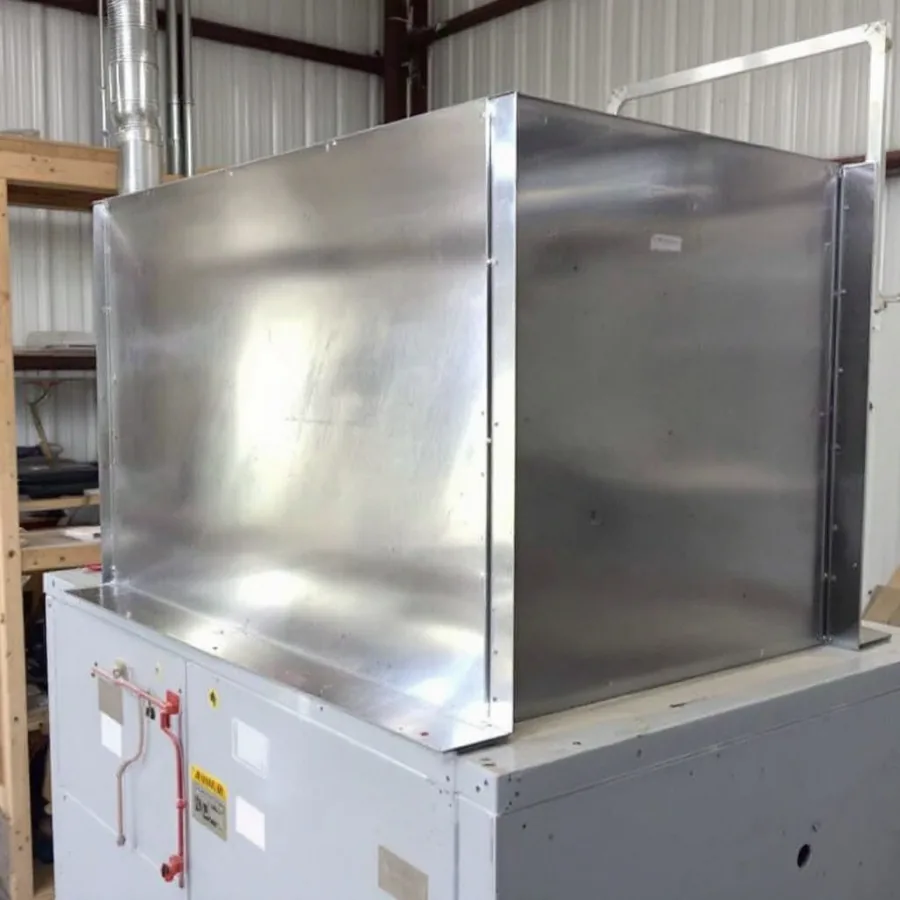 Newly fabricated bright galvanized sheet metal plenum sitting on top of an indoor air handler with sealed seams