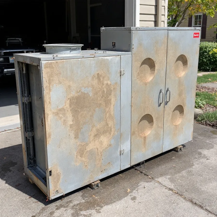Old sheet metal furnace and coil cabinet removed and standing on a driveway with cut duct collars, ready for disposal