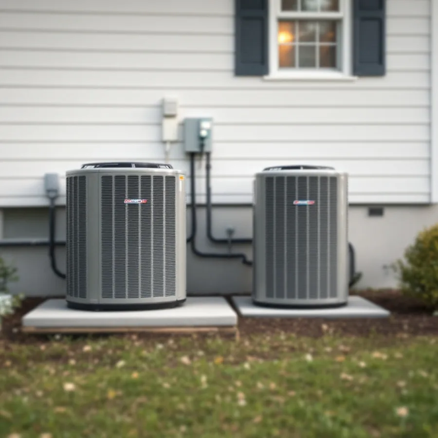 Two residential outdoor condenser units standing side by side on concrete pads beside a two story house