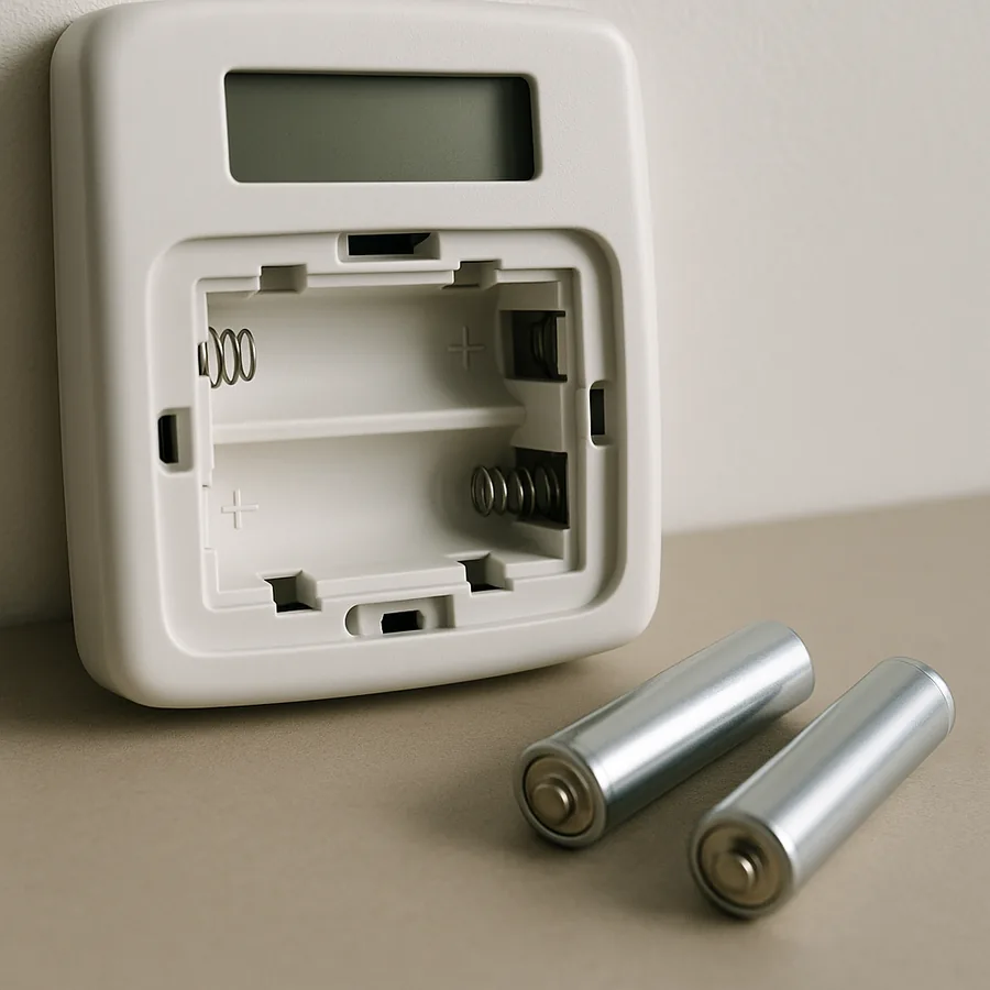 Open battery compartment of a wall thermostat with two AA batteries lying loose on a table beside it