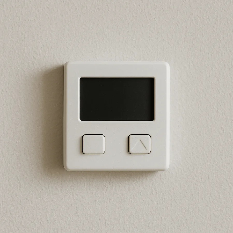 Small white wall thermostat with a completely dark and blank display mounted on a plain painted wall