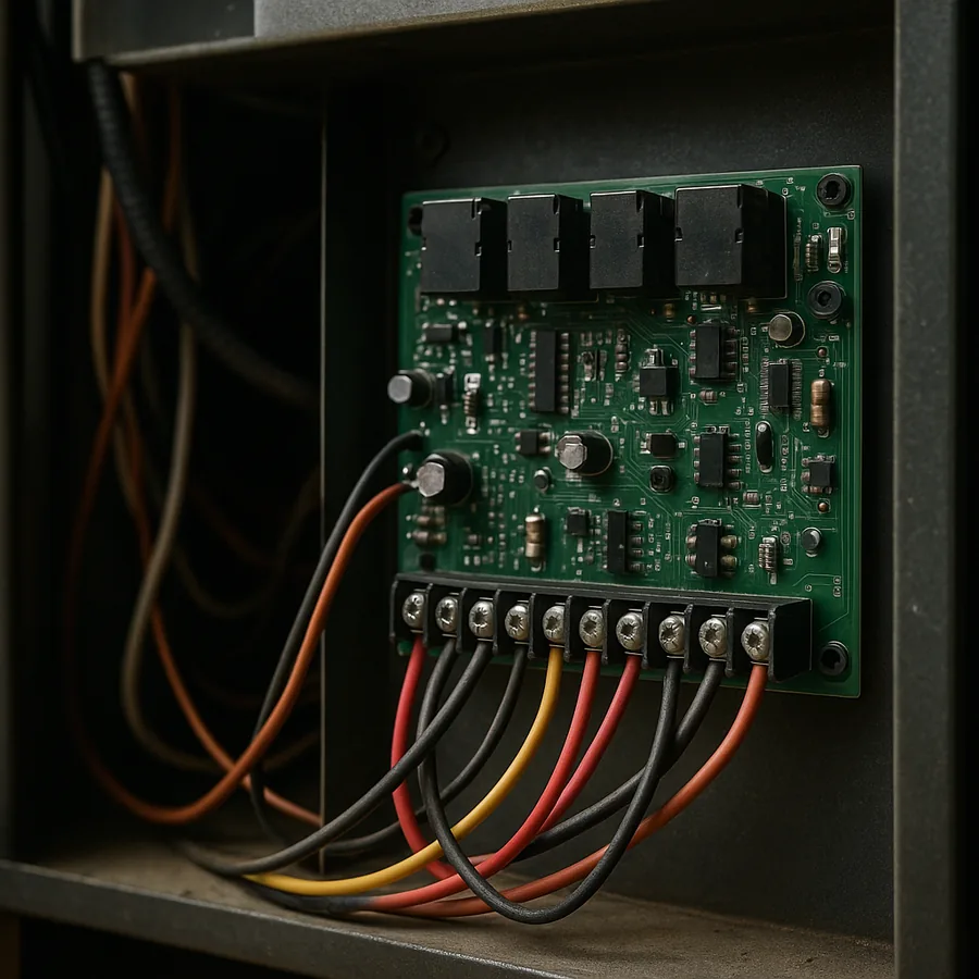 Control board inside a furnace cabinet, a green circuit board with relays and a row of screw terminals with wires running to it