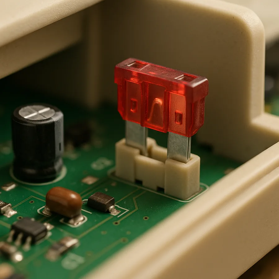 Small blade type automotive fuse seated in a socket on a green electronic circuit board inside beige equipment