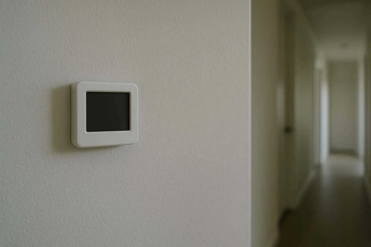 Plain rectangular wall thermostat with a completely dark screen mounted on a pale
              hallway wall in soft daylight