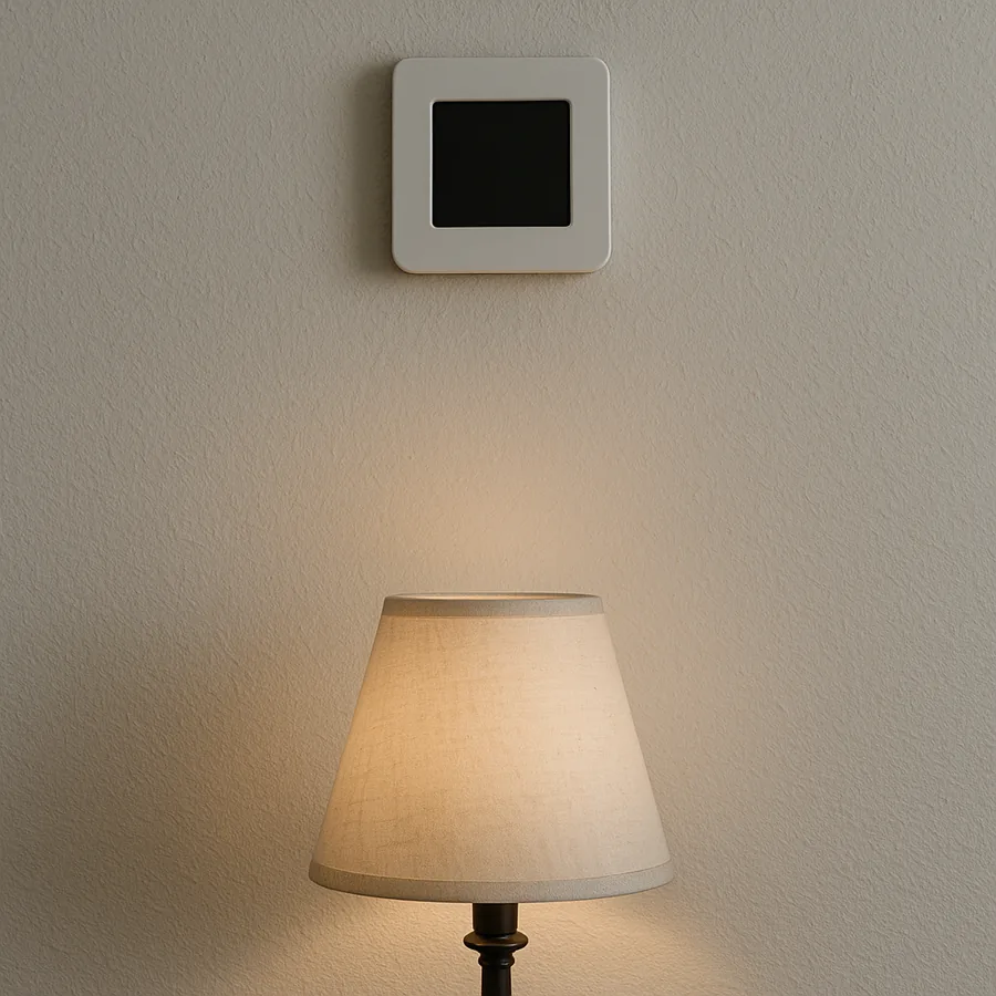 Wall thermostat mounted directly above a switched on table lamp that is warming the wall beneath it