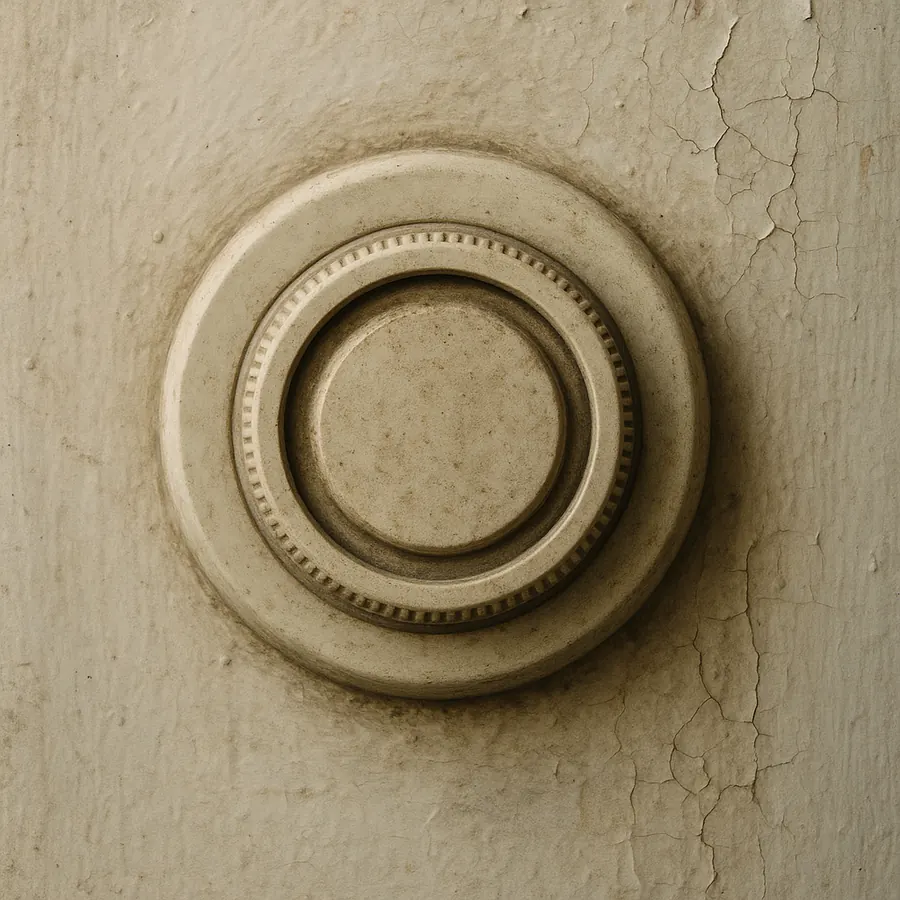 Old round mechanical wall thermostat with a rotating dial ring and no screen mounted on an aged painted wall
