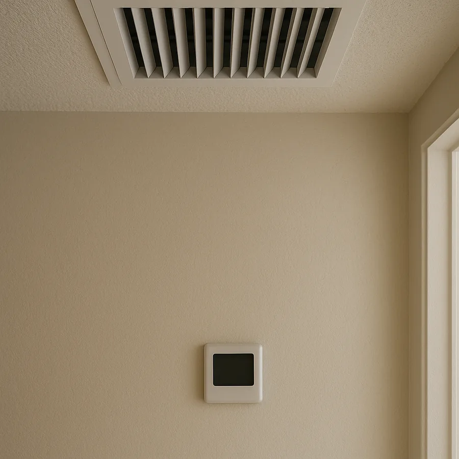 Ceiling supply air register with adjustable blades aimed down a hallway wall toward a small wall thermostat below it