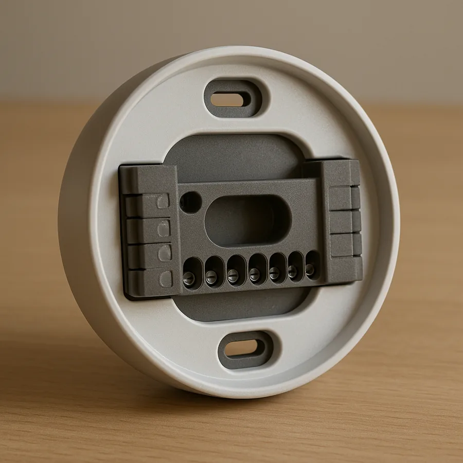 Rear side of a round smart thermostat lying face down on a plain table showing its wiring base and terminal block