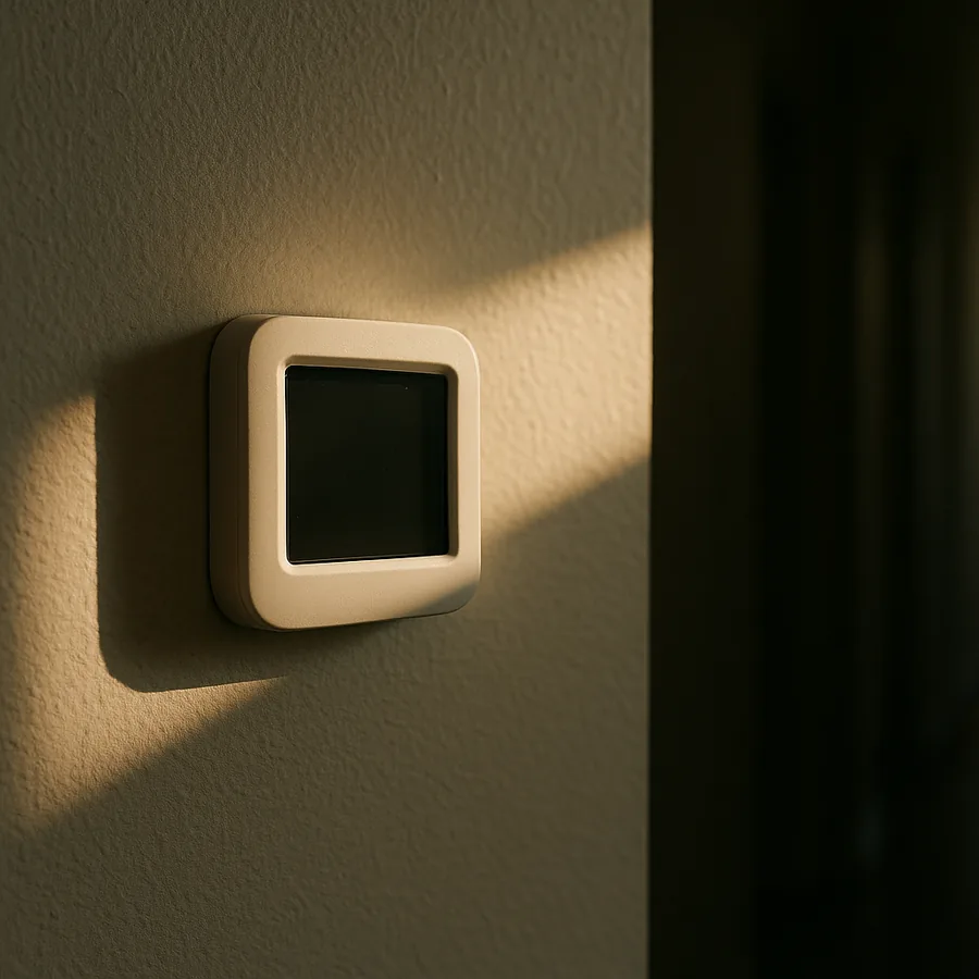 Wall thermostat with a hard bar of afternoon sunlight falling directly across it from a nearby window