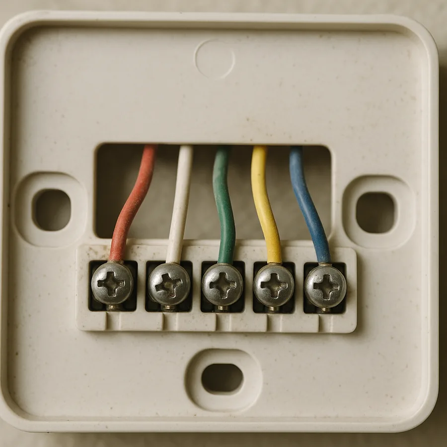 Back plate of a wall thermostat removed from the wall showing a row of small screw terminals with red, white, green, yellow and blue low voltage wires landed in them