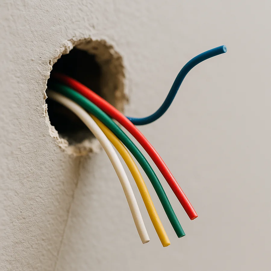 Bundle of thin low voltage thermostat wires emerging from a hole in a plaster wall with one blue conductor unconnected and folded back